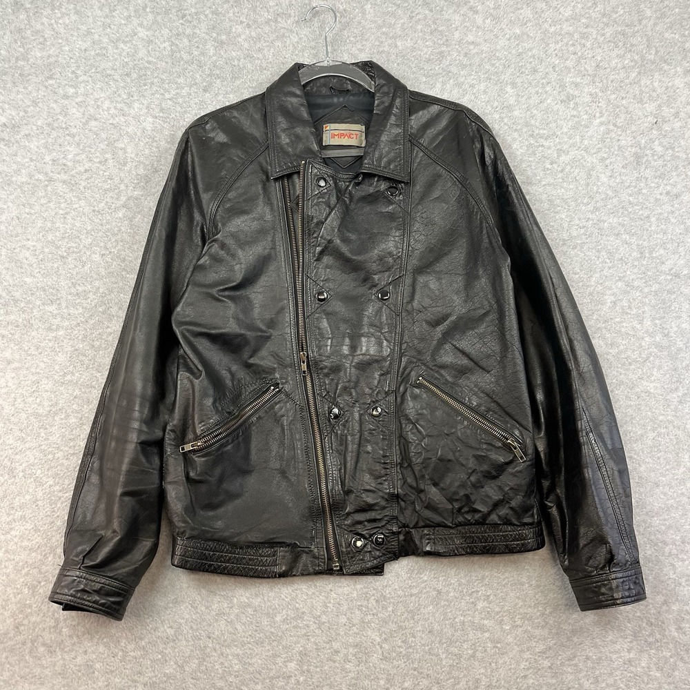 Vintage 80s Men's Biker Real Leather Bomber Moto‎ Jacket Size M Impact Korea